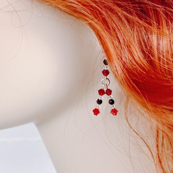 VTG Artisan Sterling Filled Swarovski Red Black Crystal Dangle Earrings Handmade - Picture 2 of 16